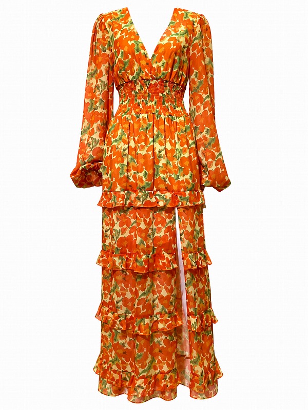 【新品DRESS 982】花柄ペプラムスリット入りフレアロングドレス オレンジ【PRETTYLAVISH】